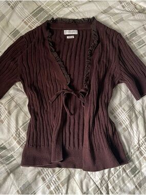 Van Heusen Ribbed Tie-Front Cardigan in Dark Brown